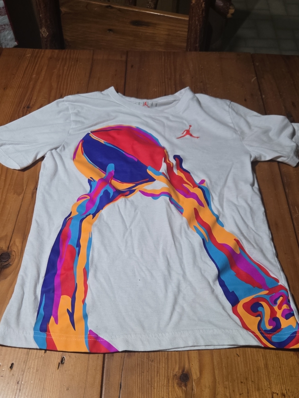 Jordan White Tee with Multicolor Basketball Graphic Sz L